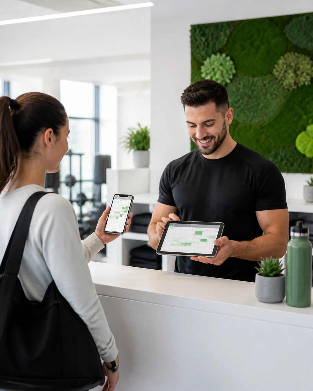 Staff member using a tablet while a customer checks in with a mobile booking app