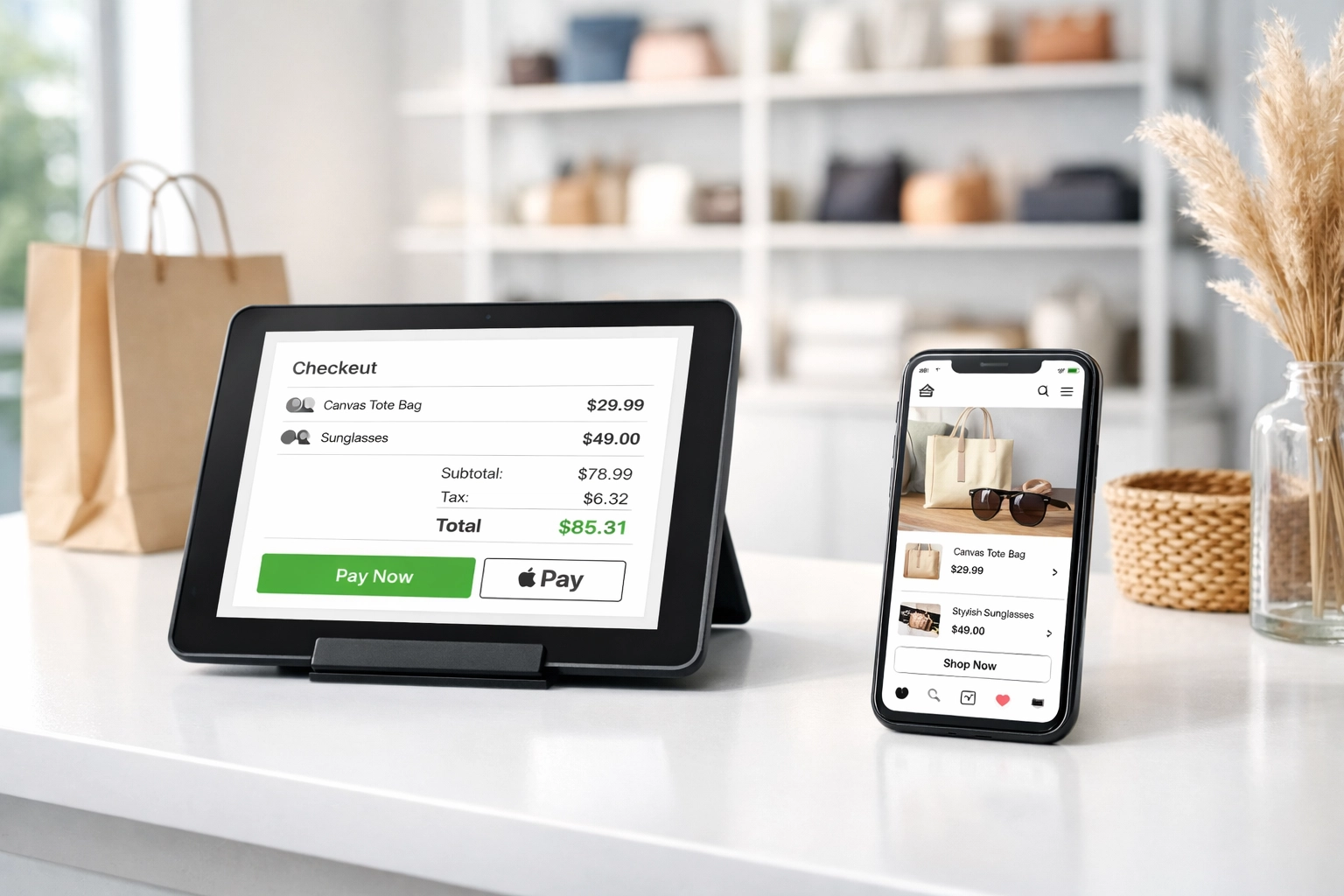 Modern retail counter with point-of-sale tablet and smartphone showing omnichannel ecommerce setup