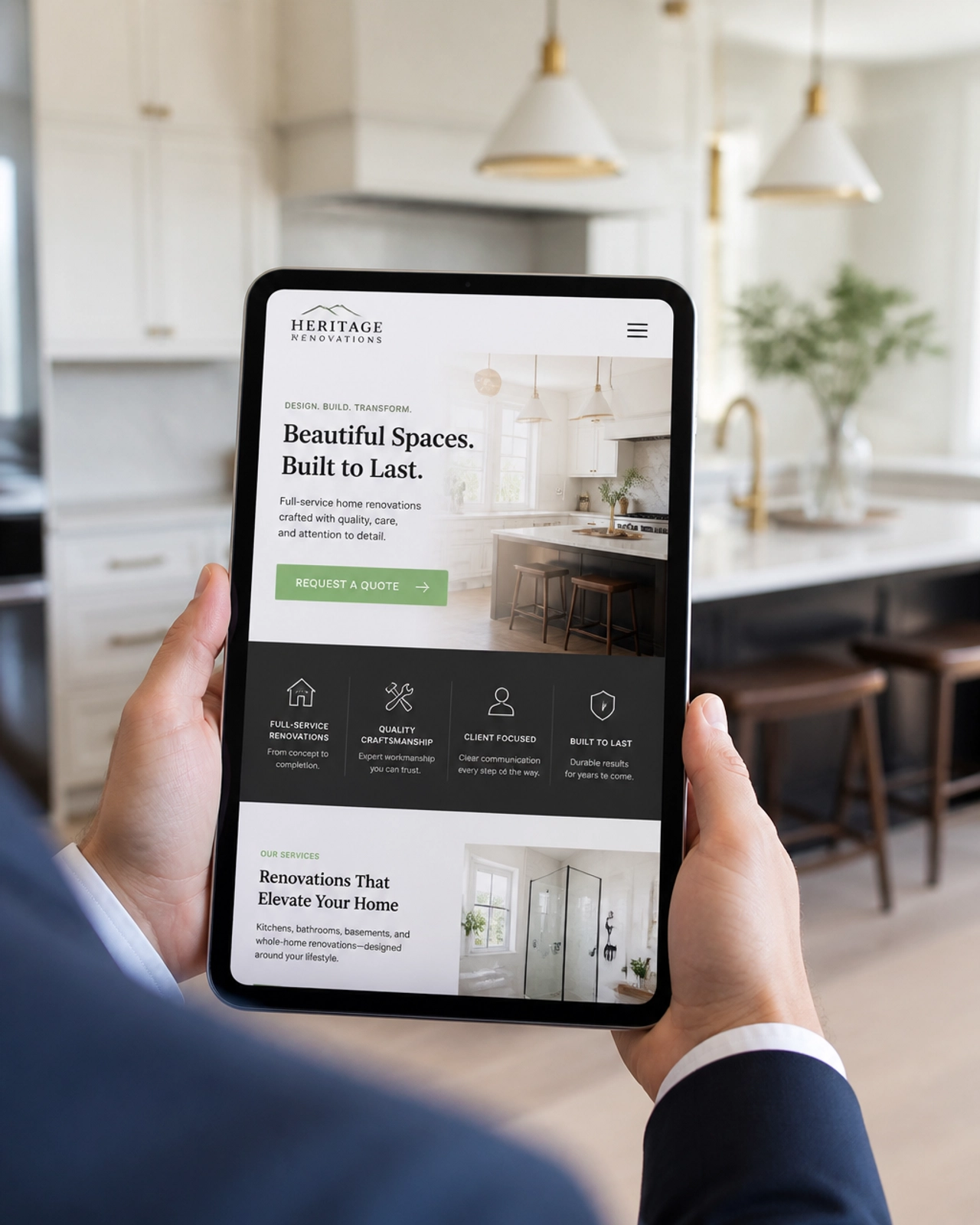 A tablet showing a modern contractor website with a call to action