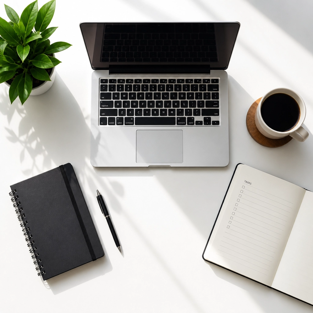 Organized workspace with laptop and coffee
