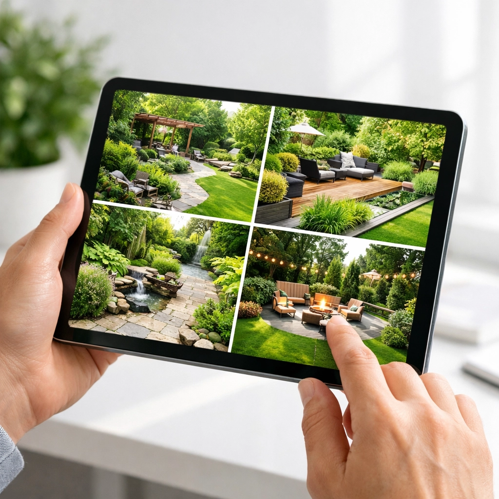 Homeowner browsing a digital landscaping portfolio on a tablet to view professional renovation projects.