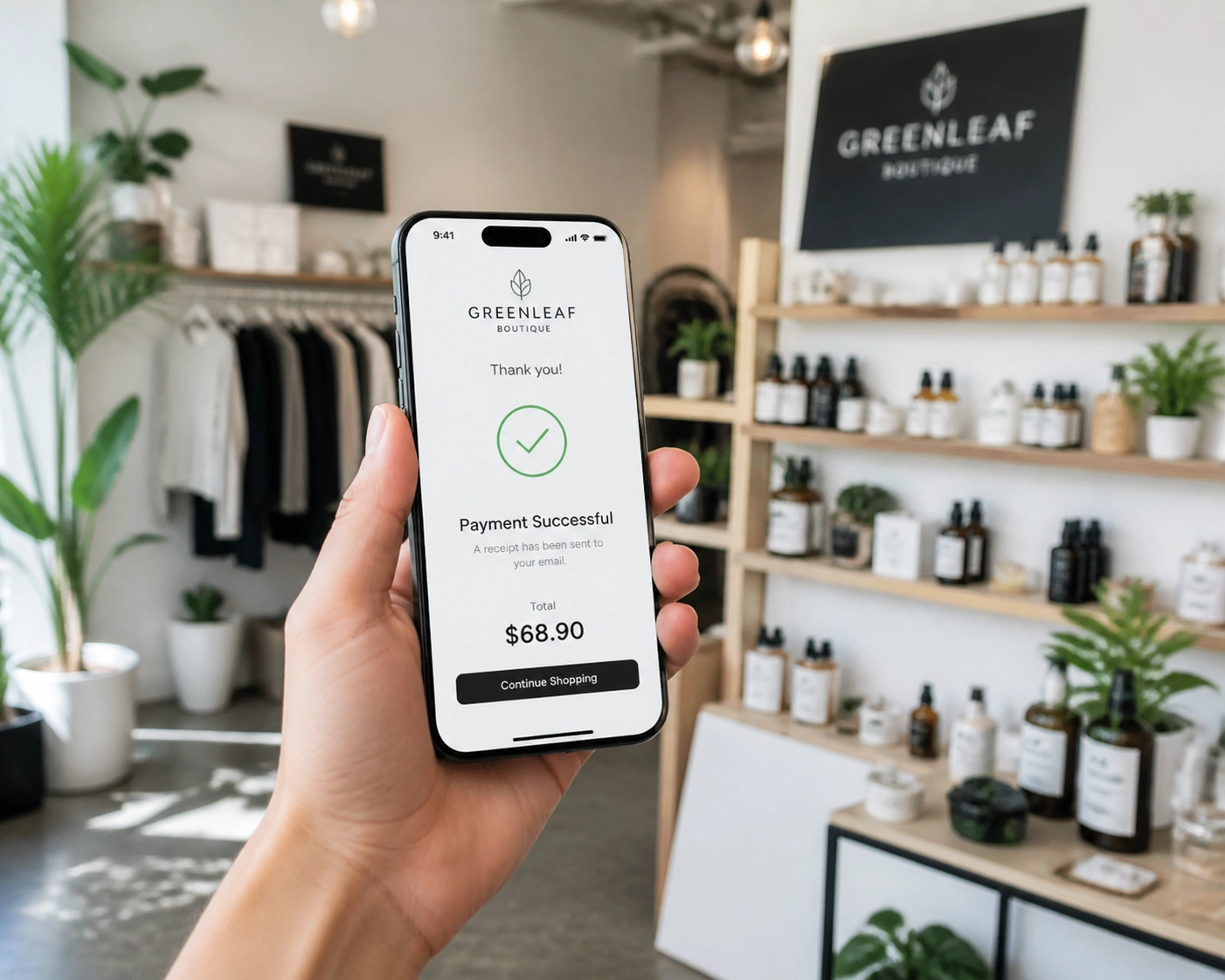 Smartphone in a local boutique representing a tailored and managed online presence for retailers.