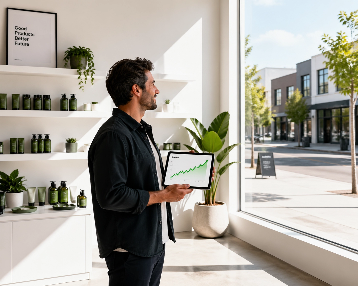 Retail shop owner reviewing a business growth chart on a tablet to track successful digital strategy.