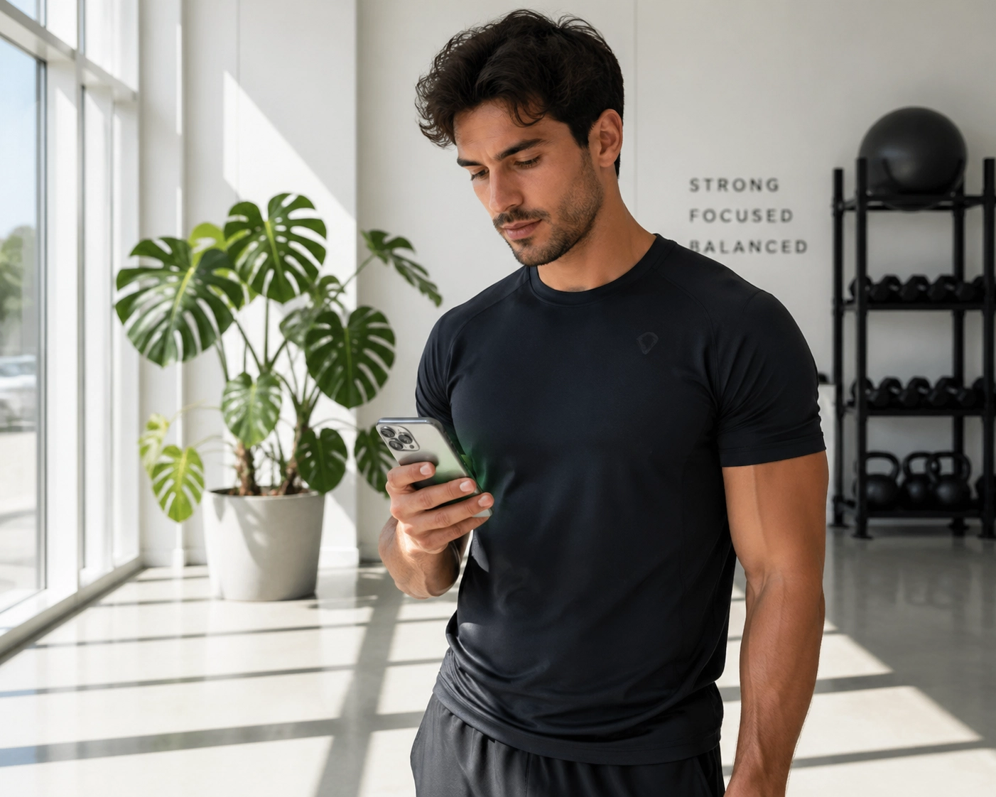 Local gym owner using a mobile app on a smartphone to manage digital growth and customer loyalty.