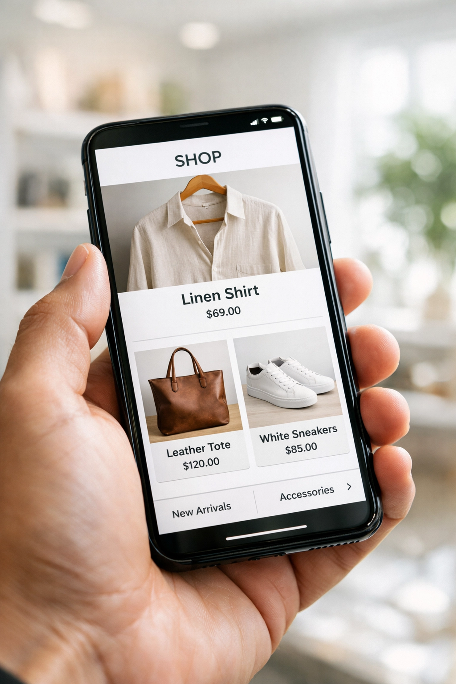 Mobile-friendly retail website design shown on a smartphone for a seamless online shopping experience.
