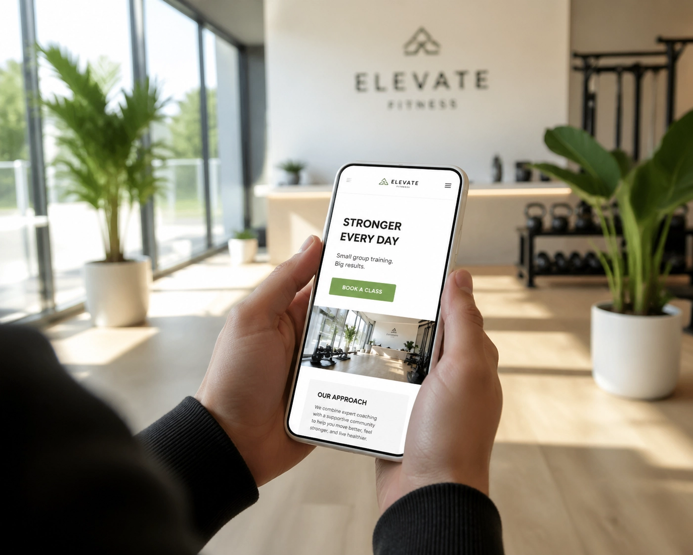 Smartphone showing a mobile-responsive small business website design for a local gym in a bright fitness studio.