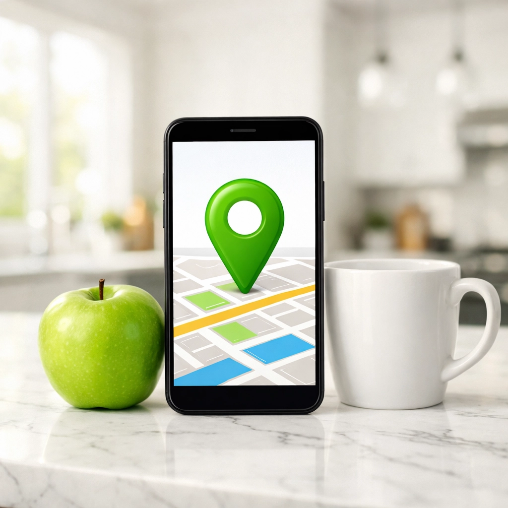 Smartphone displaying a local map pin, emphasizing service area visibility and local SEO for contractors.