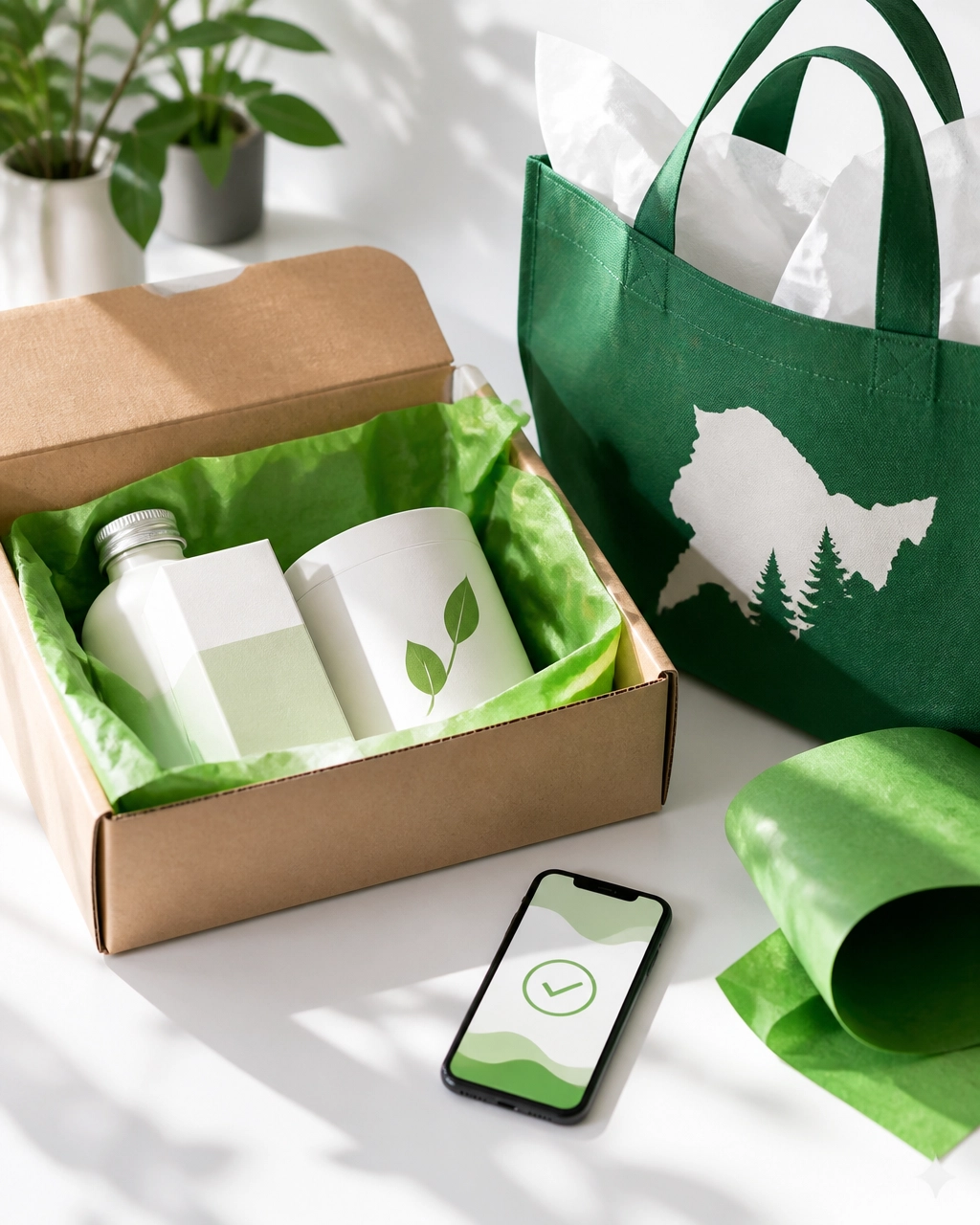 Neatly packed local retail order with recyclable packaging and a local pickup bag