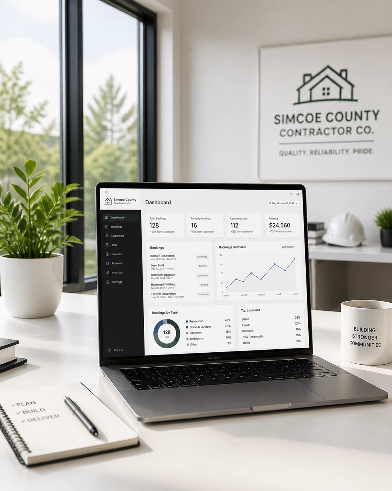 A professional workspace featuring a laptop with a booking dashboard, illustrating the streamlined administration of a local business.