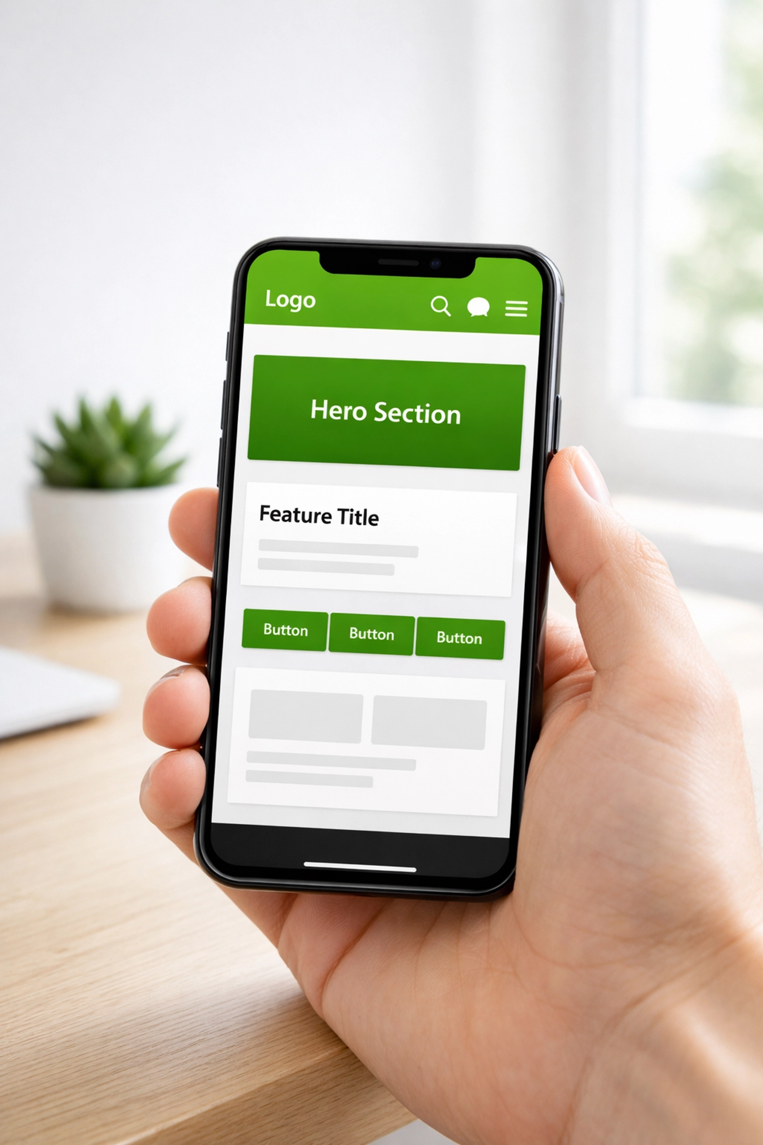 Mobile-responsive website design displayed on a smartphone screen in a bright office setting.