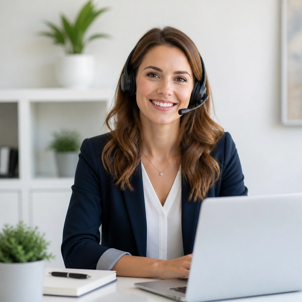 A friendly professional ready to take a call at a clean, modern desk
