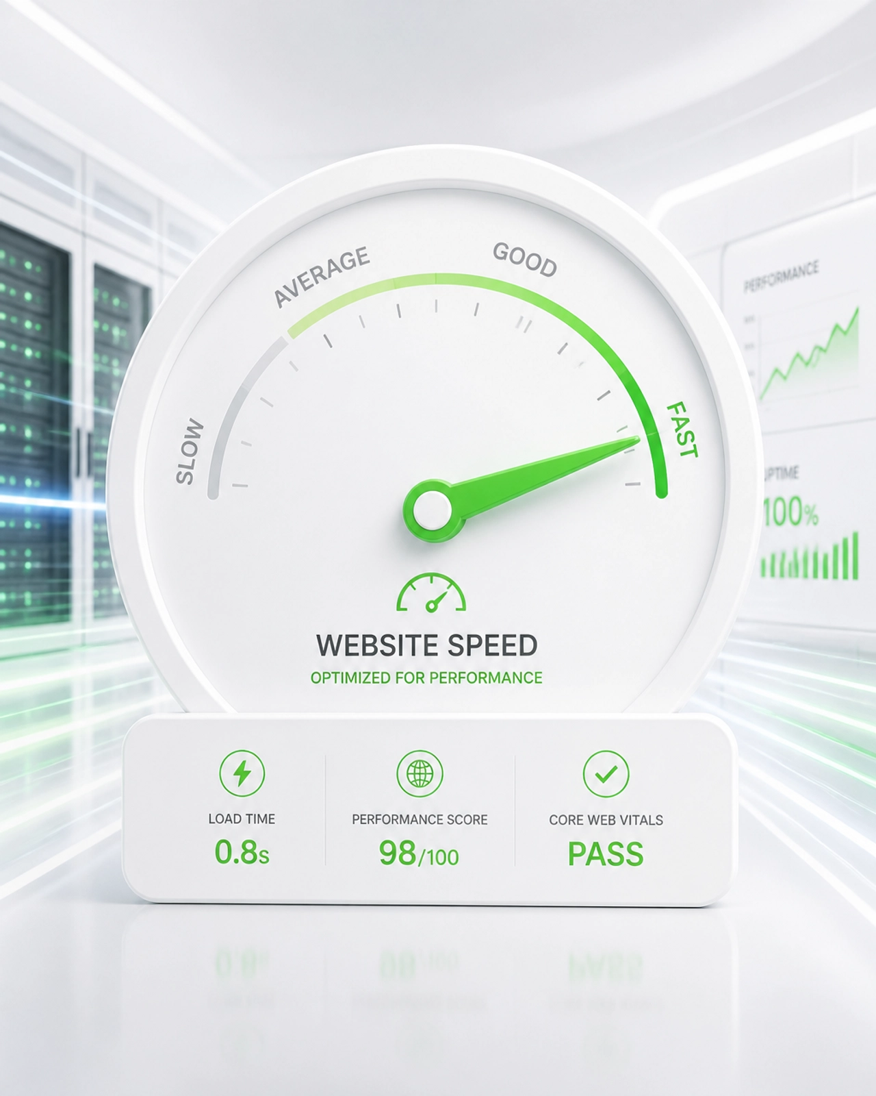 A conceptual image of a clean, white digital gauge with a green needle pointing to