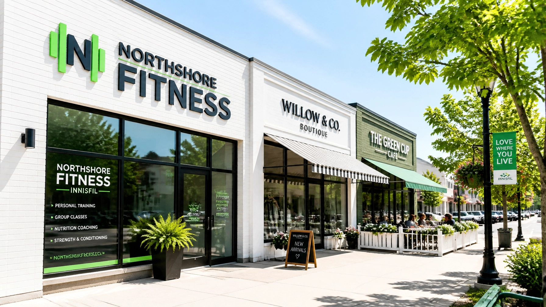 A bright street view of local businesses in a Simcoe County town.