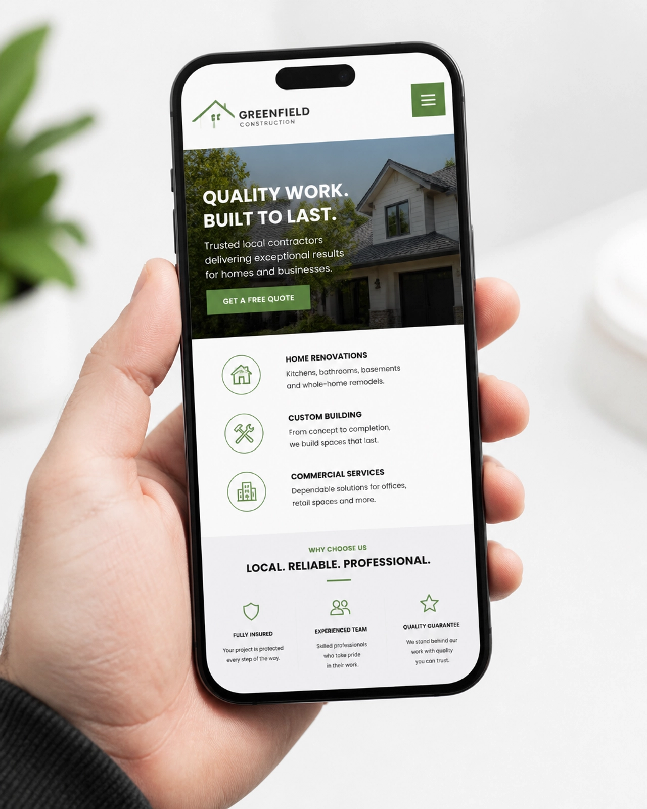 A close-up shot of a modern smartphone showing a beautifully designed, mobile-responsive local business website.