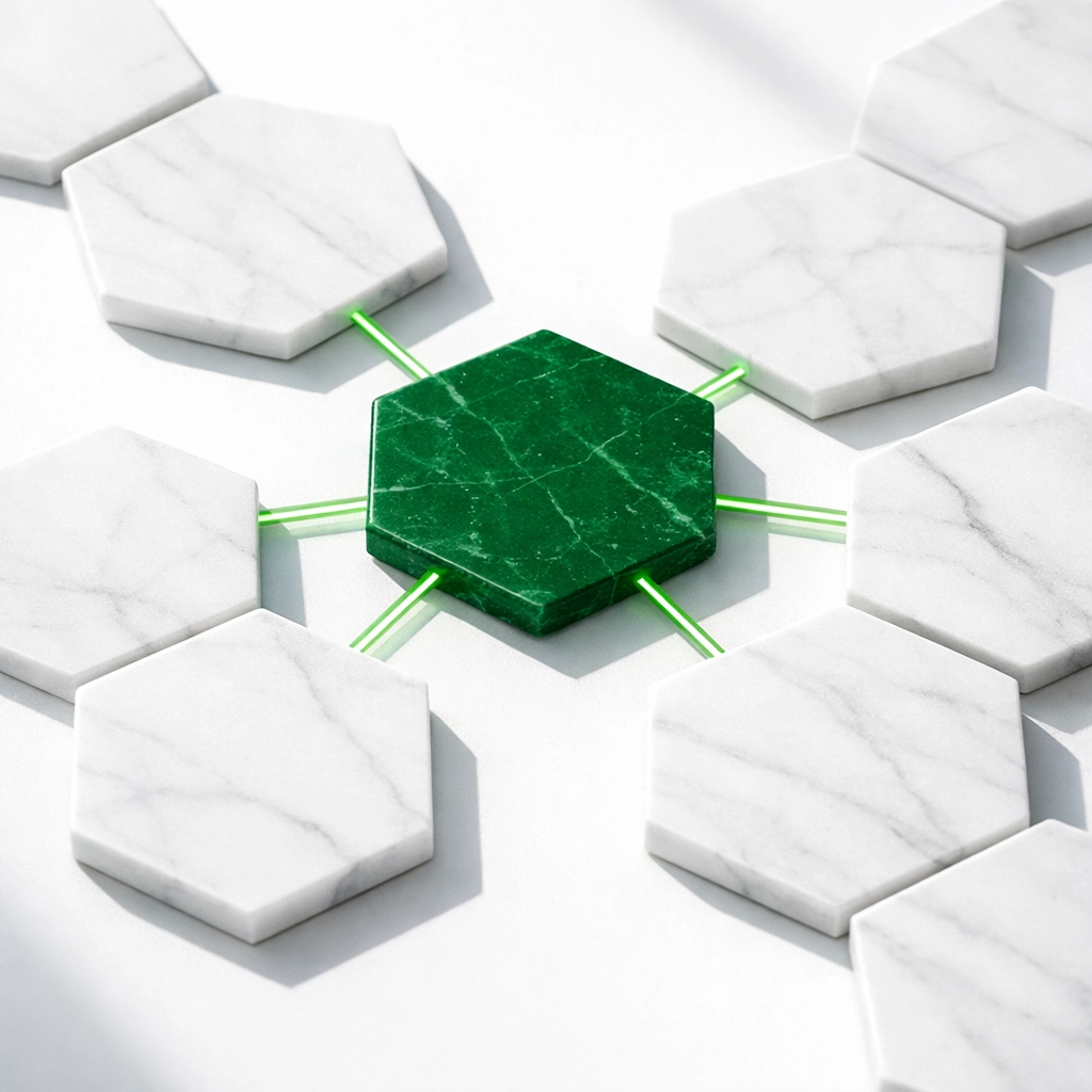 Connected hexagonal tiles symbolizing a network of verified local business citations and online backlinks.