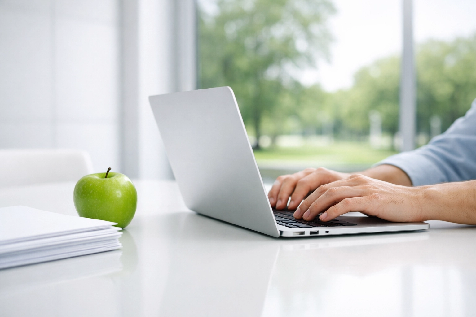 A person managing website maintenance services on a laptop in a bright, modern office.