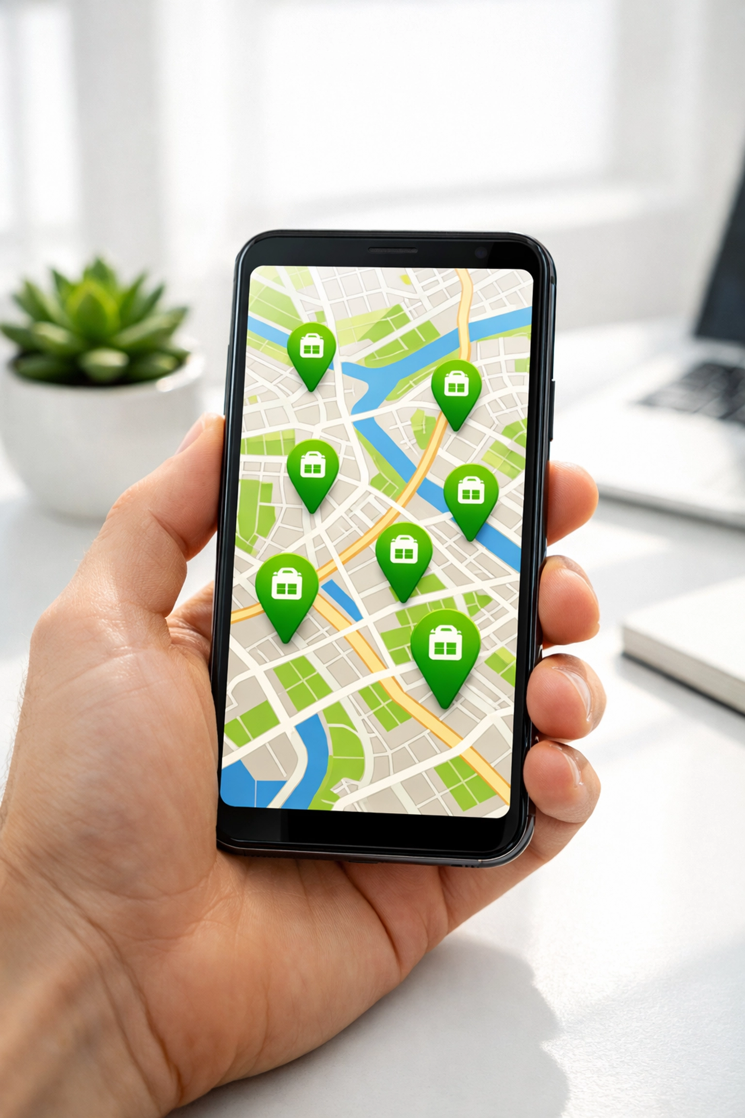 Smartphone screen showing local business map markers as part of a Google Business Profile strategy.