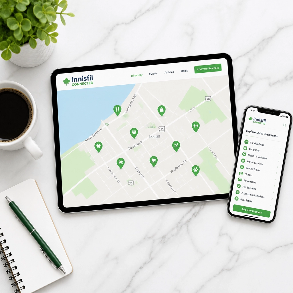 A tablet and smartphone showing a local map with green business pins in a modern setting.