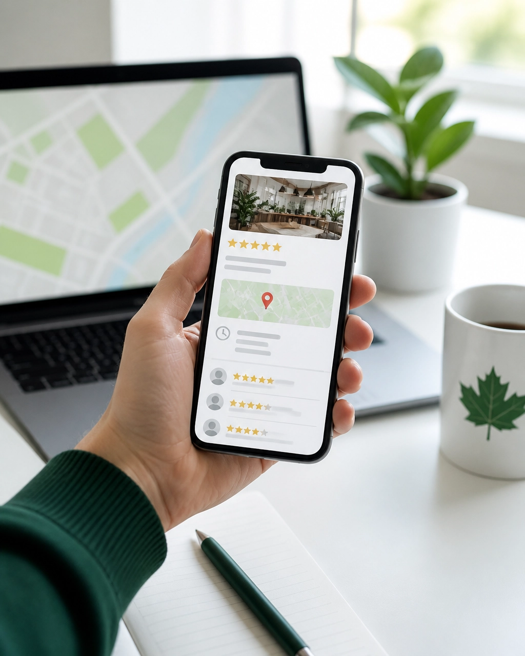 Small-business owner reviewing customer reviews and local listing information on a smartphone
