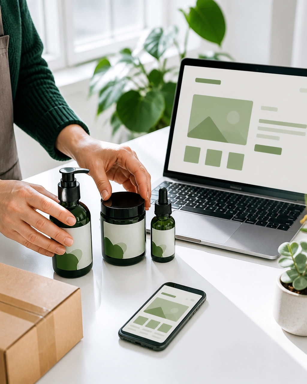 Retail products arranged beside a smartphone and laptop with an abstract online store layout