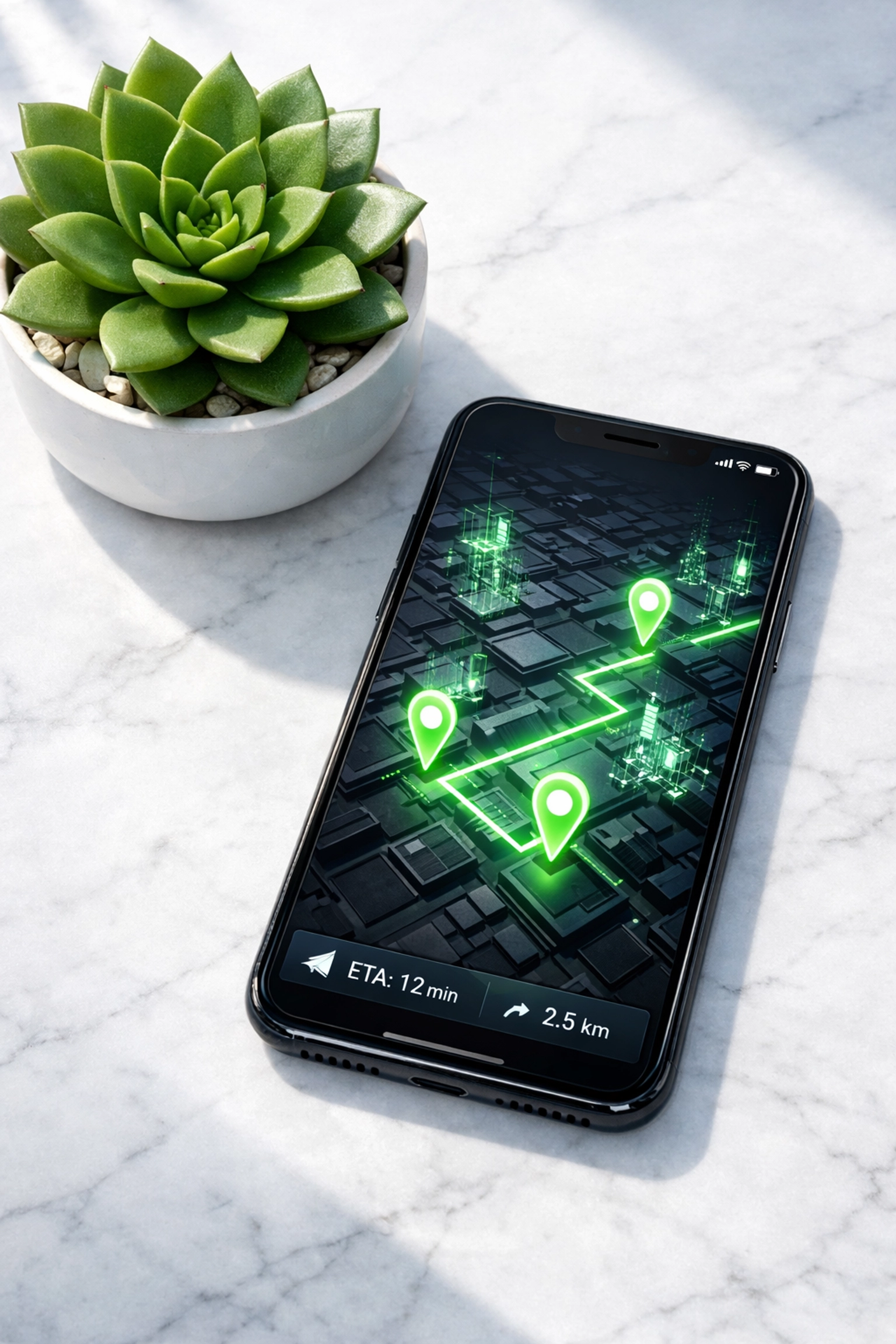 Smartphone showing AI-powered Google Maps results and local business pins on a modern white desk.