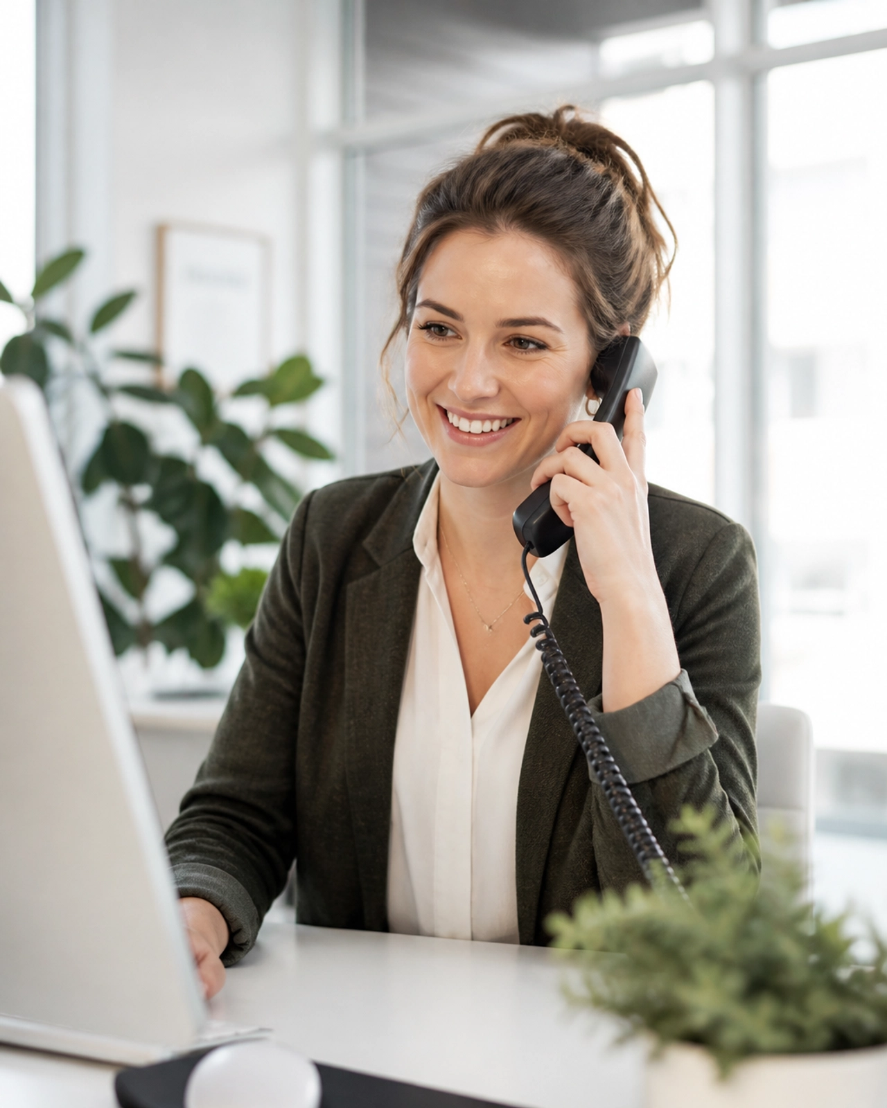 A professional woman in a bright office speaking into a headset, ready to assist customers.