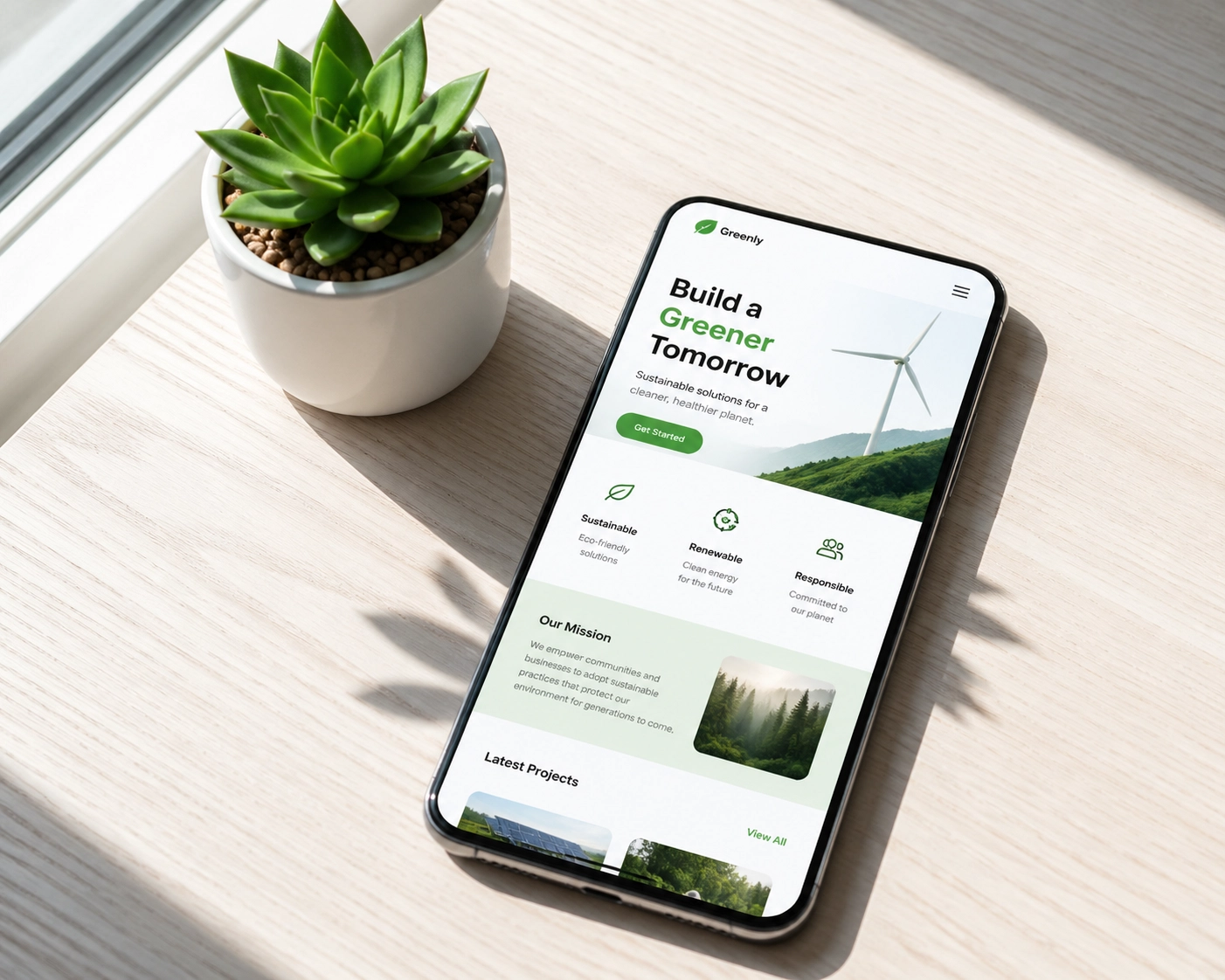 Modern smartphone showing a mobile-friendly small business website design on a minimalist desk.