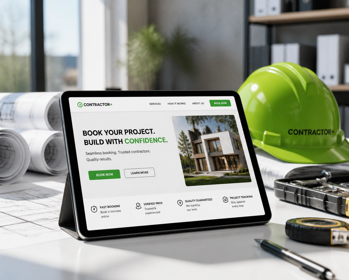 Professional contractor workspace with a tablet symbolizing streamlined digital tools for local brands.