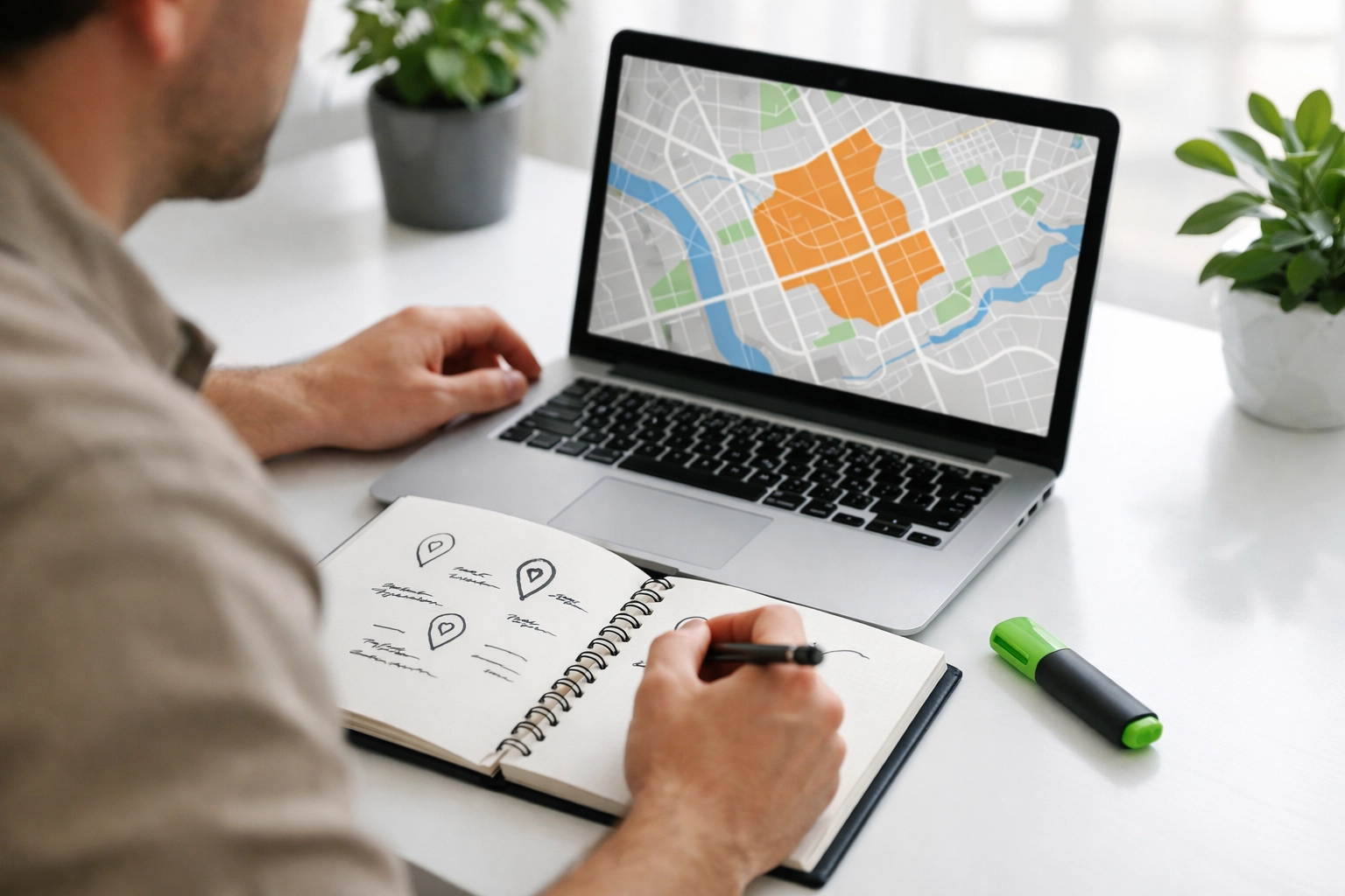Small business owner mapping local keywords and service areas on a laptop for search engine visibility.
