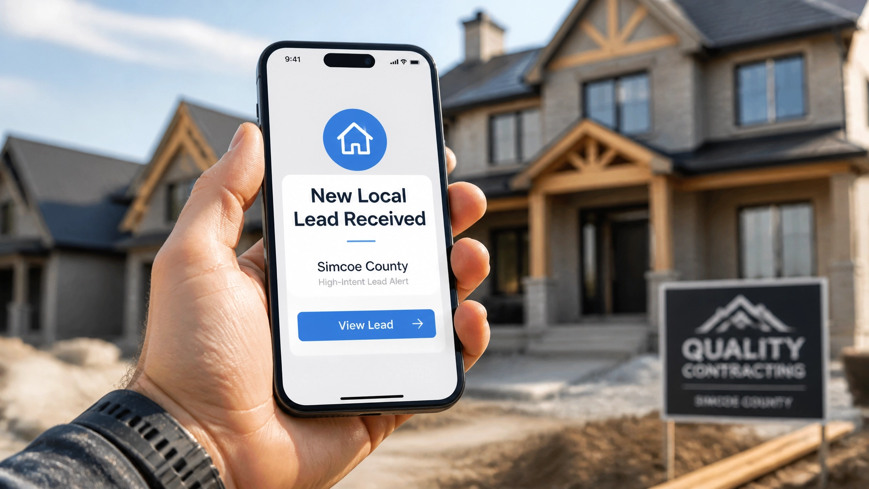 A contractor's hand holding a phone showing an automated notification for a new local lead