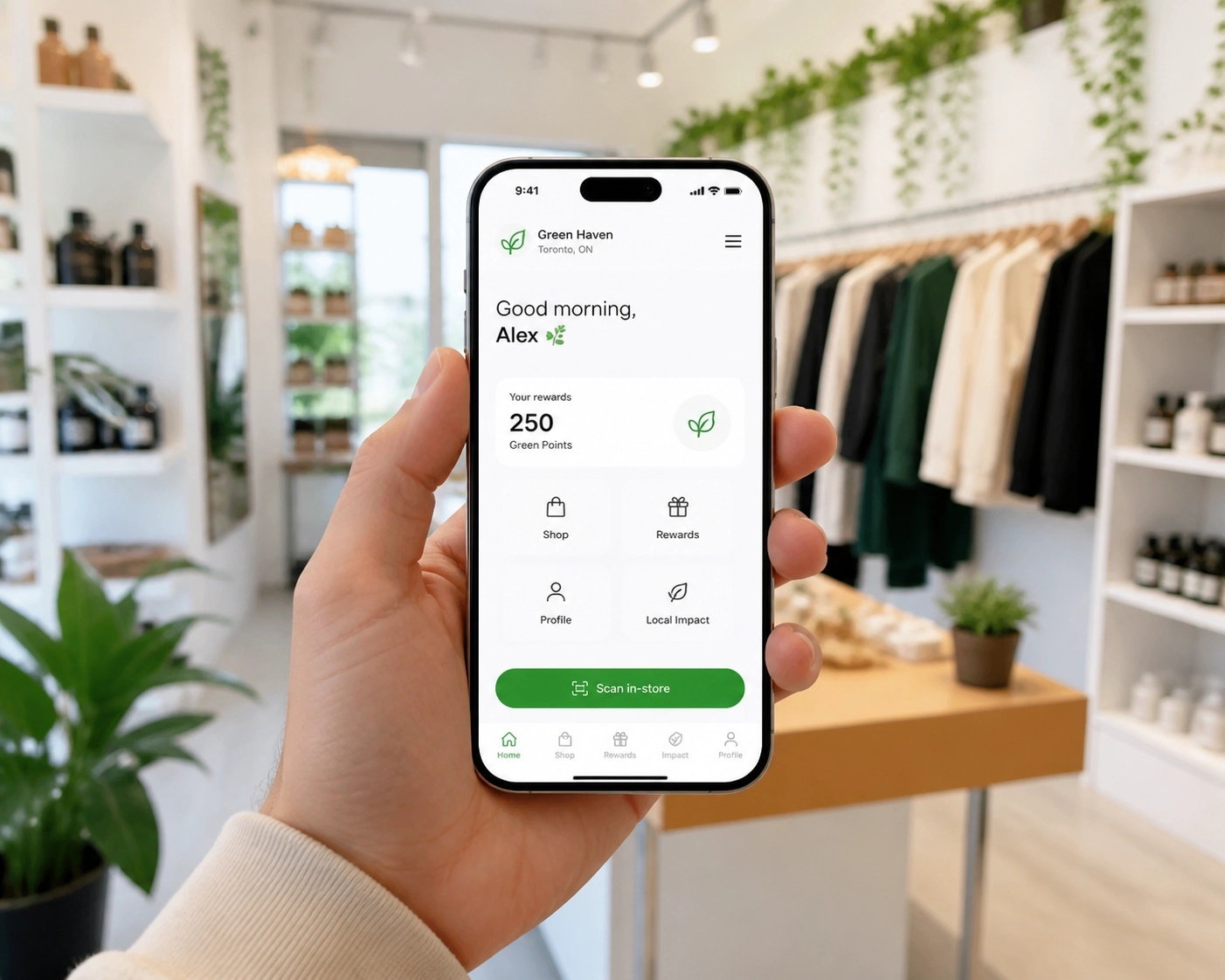 Smartphone showing a custom mobile app interface designed for local business digital engagement.