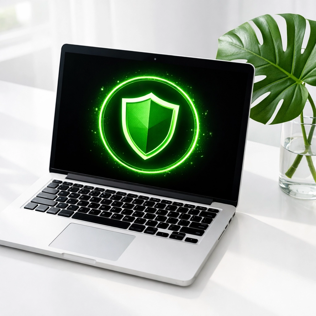 A silver laptop displaying a green shield for website security and technical health maintenance on a white desk.