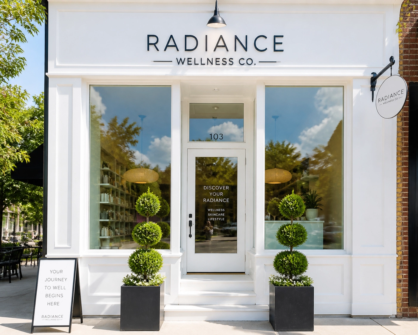 A bright and modern storefront entrance symbolizing a successfully scaled local business in a neighbourhood.