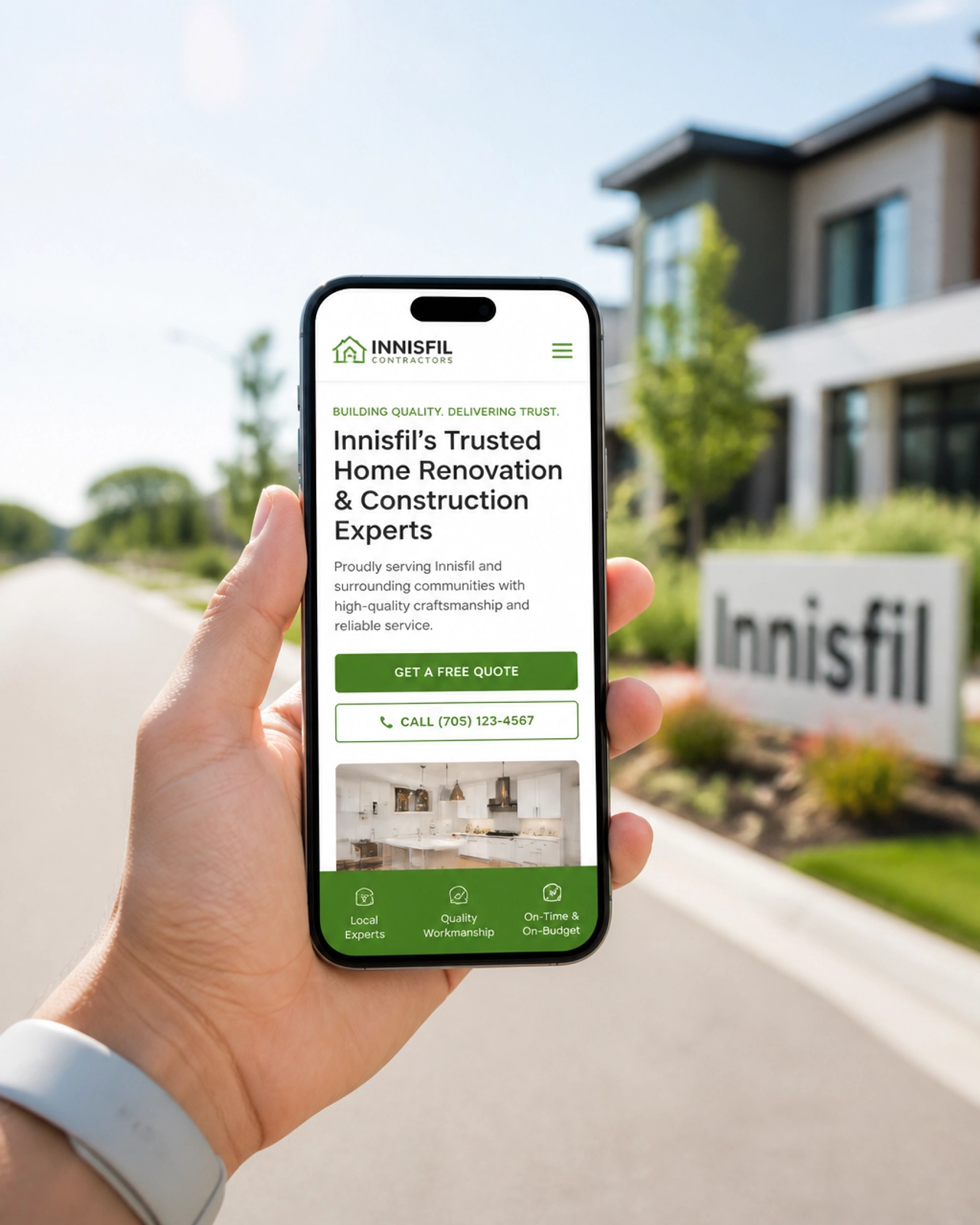 A hand holding a smartphone displaying a mobile-optimized website in an Innisfil setting.
