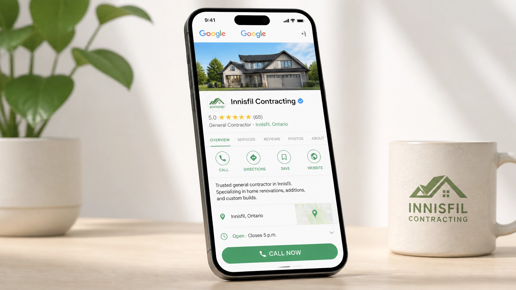 A smartphone displaying a highly optimized Google Business Profile for a local Innisfil contractor