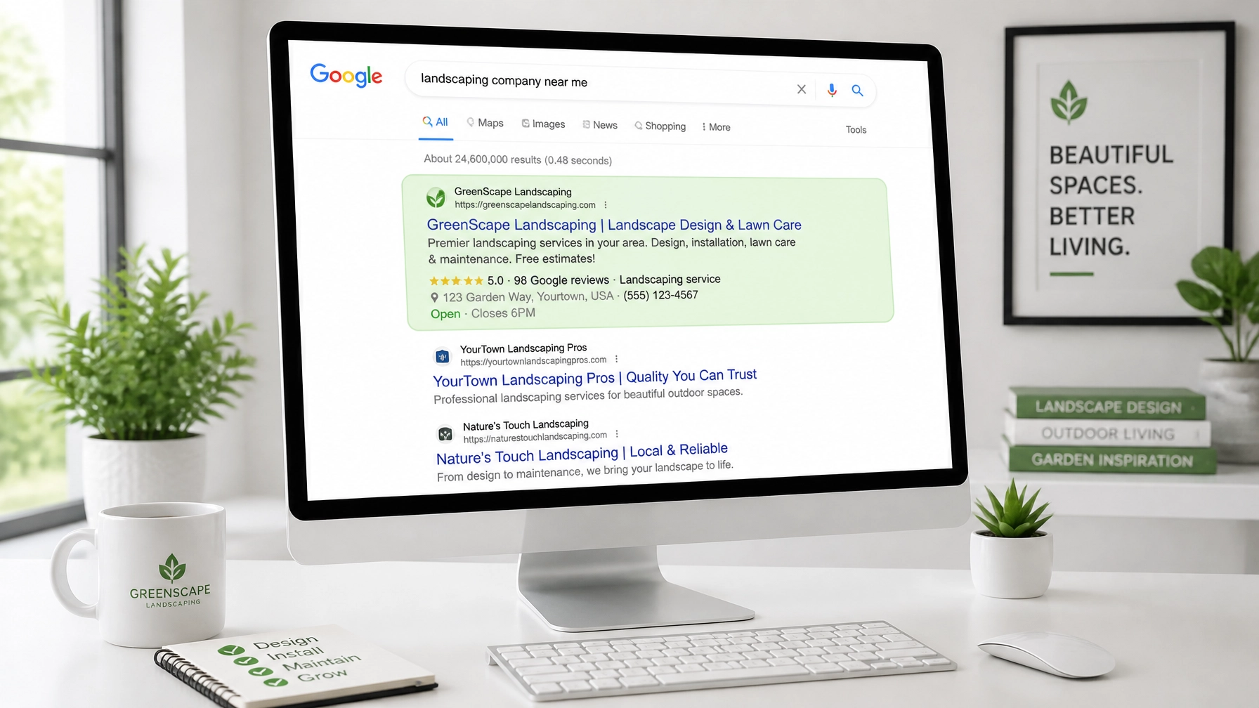 A sleek desktop monitor showing a local search result page with a business ranking at the top, representing successful local SEO.