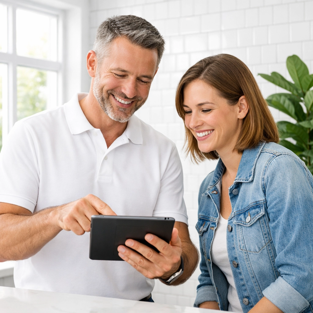 A business owner interacting with a client to build local authority and encourage positive customer reviews.
