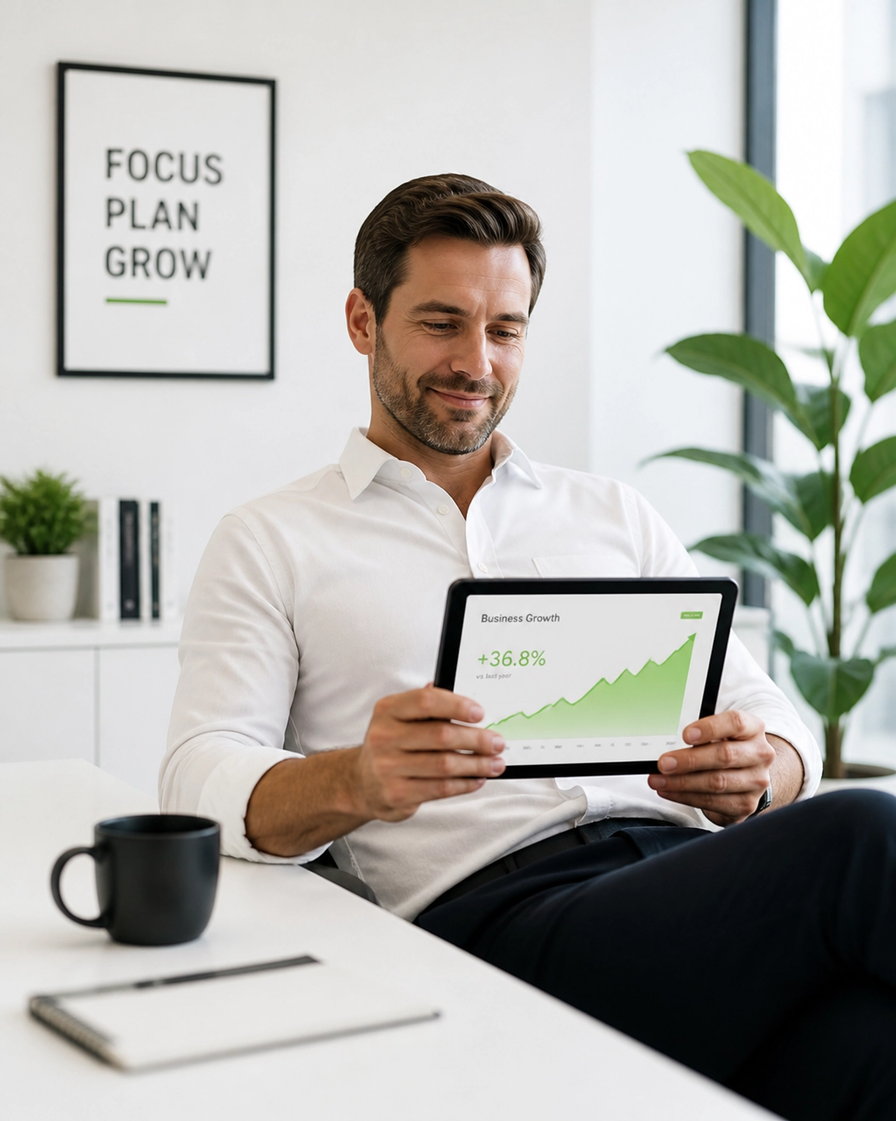 A professional business owner looking relaxed and confident in a bright office looking at a growth chart