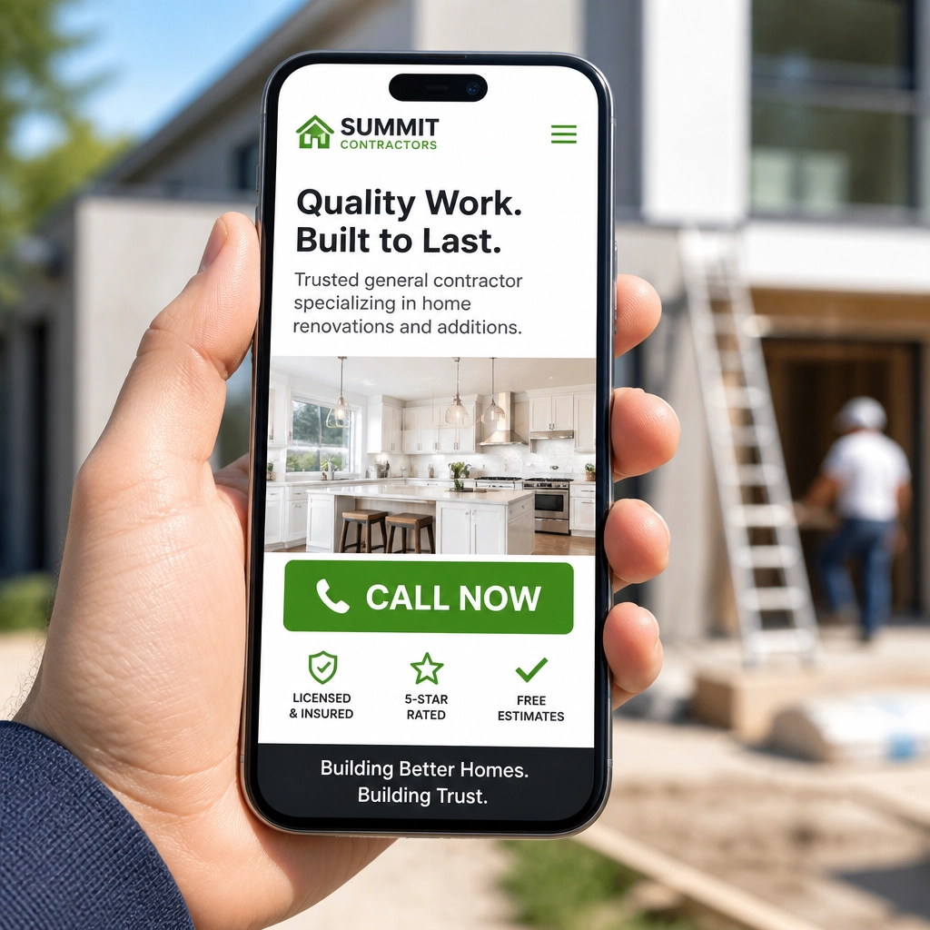 A hand holding a smartphone showing a mobile-responsive contractor website with a green call button.