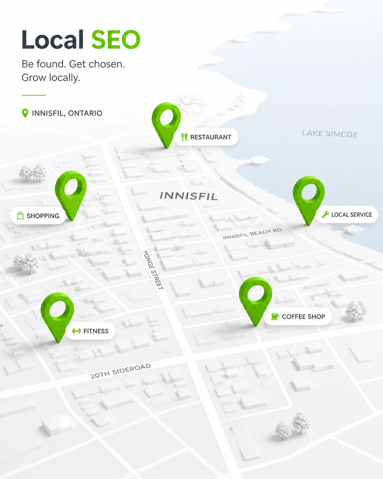 A minimalistic conceptual image of a map with bright green location pins representing local SEO dominance