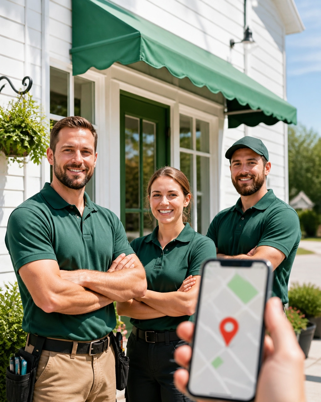 Friendly local service-business team standing outside a bright storefront in Simcoe County