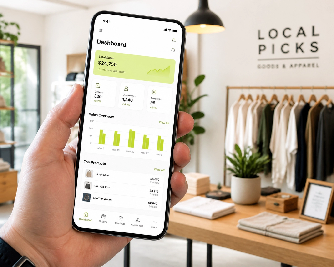 Professional hand holding a smartphone showing a digital business automation dashboard in a local boutique.