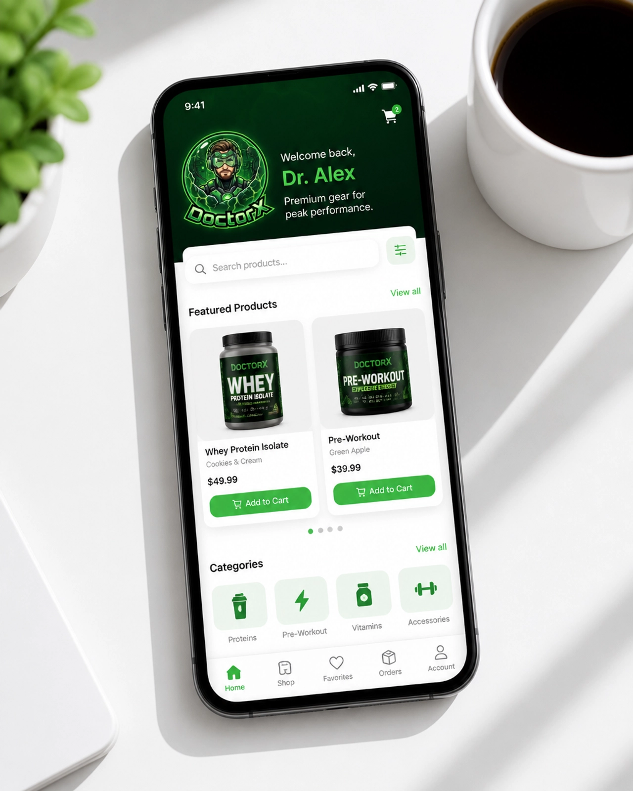 A smartphone displaying a custom retail app on a clean white desk