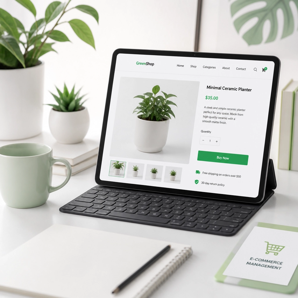 A tablet displaying a modern eCommerce store with white and green highlights