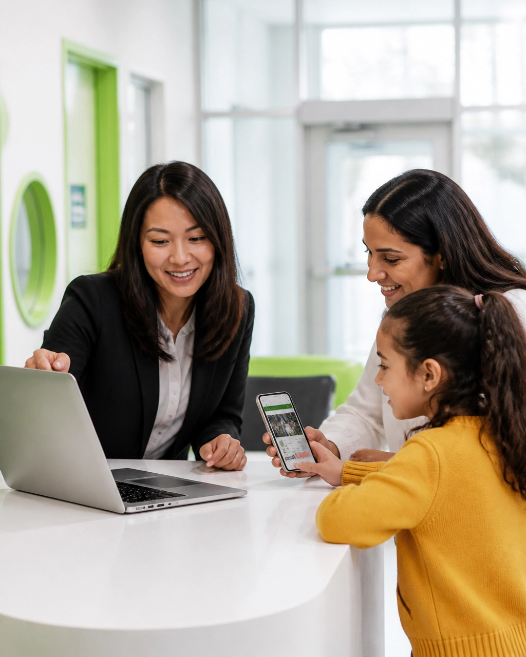 School administrator and parent reviewing a modern school website on a laptop and smartphone