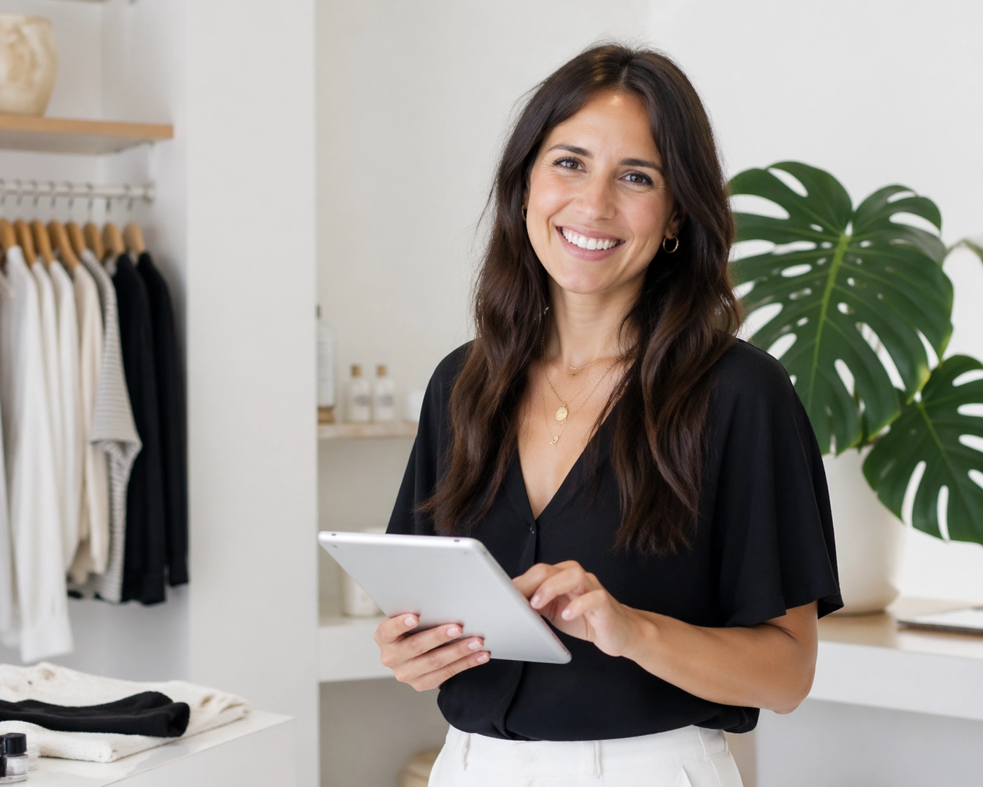 A smiling local business owner holding a tablet to manage social media engagement.