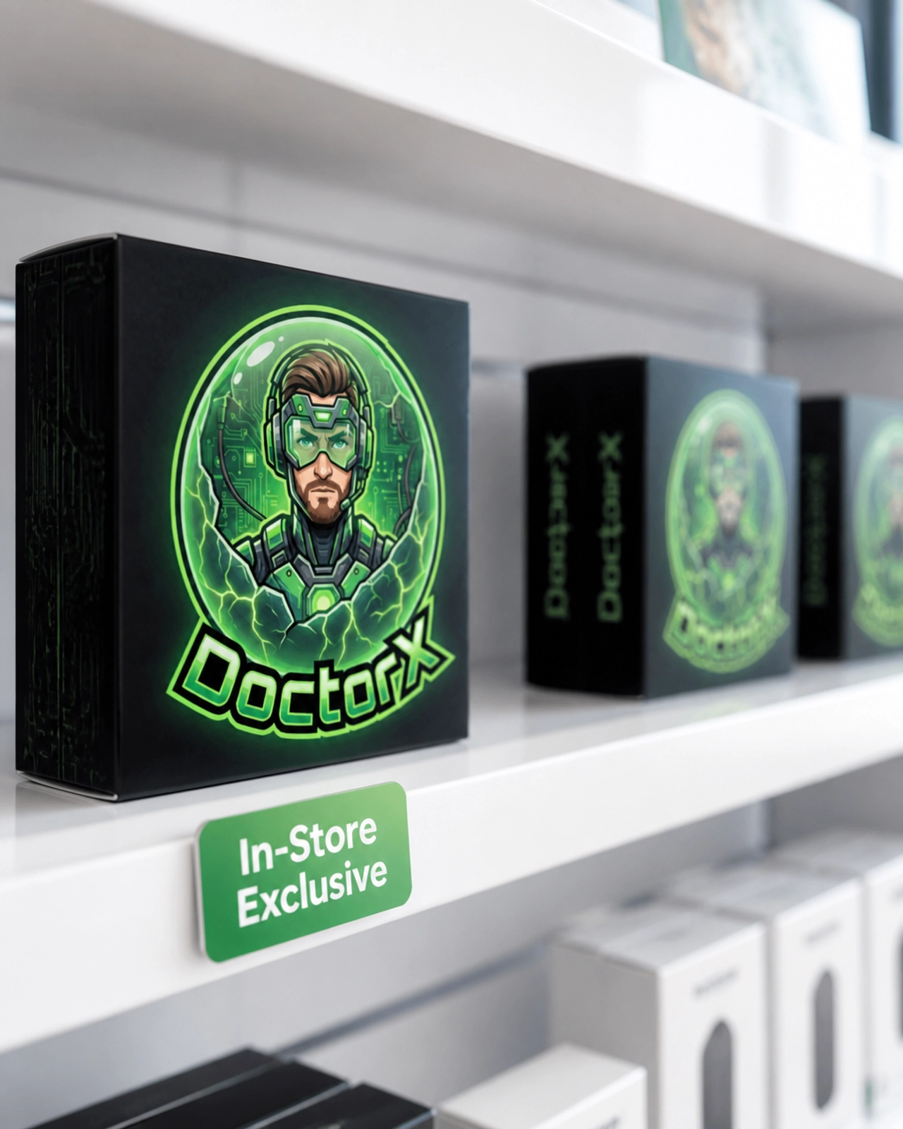 A retail shelf with a green 'In-Store Exclusive' tag on a product