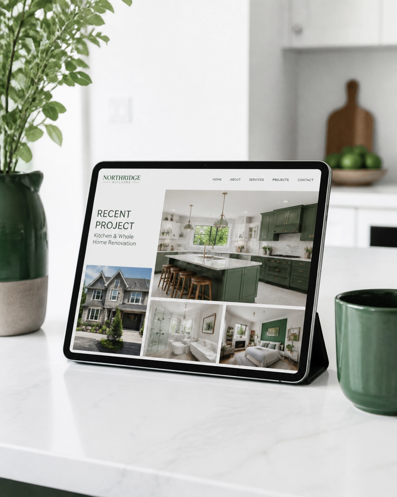 A tablet on a clean white surface displaying a professional contractor portfolio with high-quality project photos.