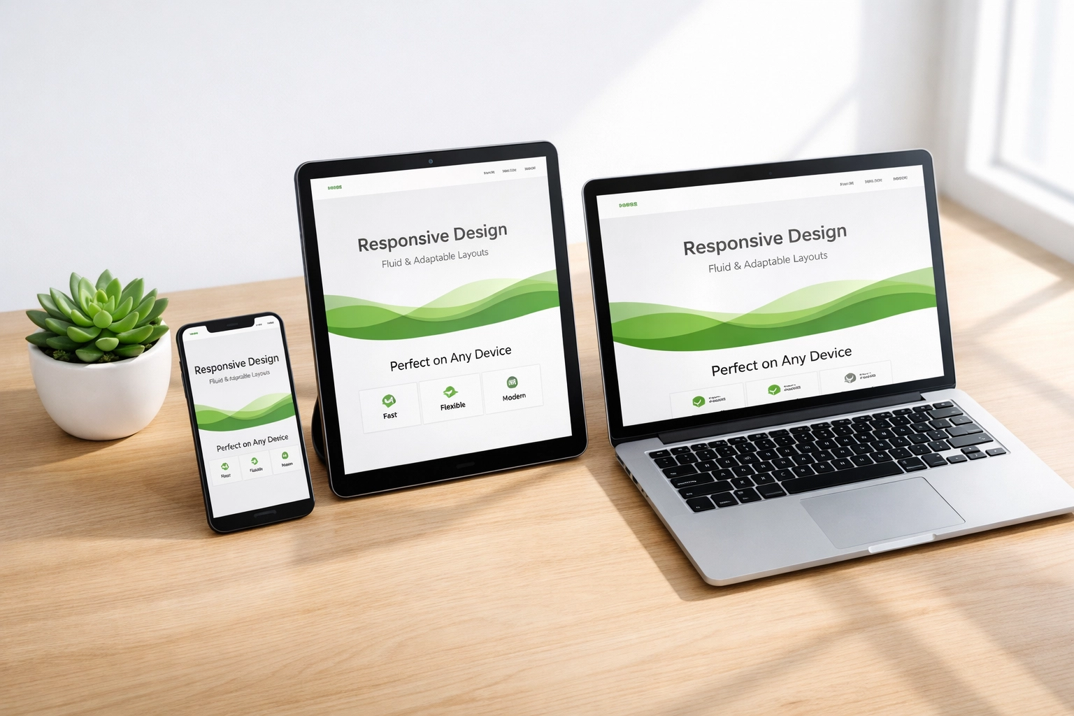 A responsive website design for small businesses viewed on a mobile phone, tablet, and laptop.