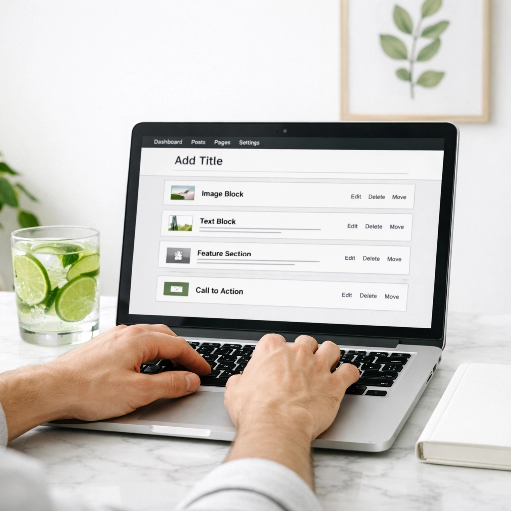 Optimizing a website backend for on-page SEO and intuitive site architecture on a modern laptop.